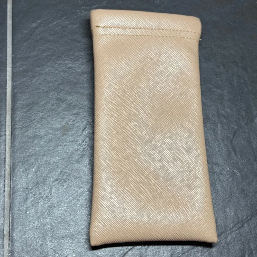 Tan Faux Leather Squeeze Top Glasses Case‎ Silver Floral Embroidery Rhinestones